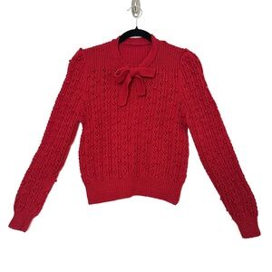 Feminine Neck Bow Tie Burgundy Hand Knit Sweater Coquette Romantic Countrycore